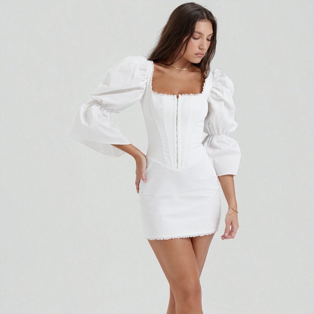 NWOT HOUSE OF CB Matilda white puff sleeve corset dress - Picture 5 of 8
